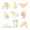 Hand Washing and Cleansing Using Soap and Antibacterial Wet Wipes Vector Illustrations Set Royalty Free Stock Photo