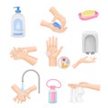 Hand Washing and Cleansing Using Soap and Antibacterial Wet Wipes Vector Illustrations Set Royalty Free Stock Photo