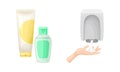 Hand Washing and Cleansing Using Soap Dispenser and Sanitizer in Bottle Vector Set Royalty Free Stock Photo