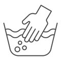 Hand washing of clothes thin line icon. Hands in basin vector illustration isolated on white. Laundry label outline