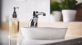 Hand washing concept with soap dispenser on washstand in bathroom. Generative AI Royalty Free Stock Photo