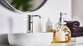 Hand washing concept with soap dispenser on washstand in bathroom. Generative AI Royalty Free Stock Photo