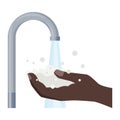 Hand washing. Dark-skinned hands with soap suds under the tap water. Decontamination of hands with soap. Royalty Free Stock Photo