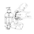 Hand washing and disinfection, retro hand drawn vector illustration.