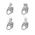 Hand washing icon set. Hands with water symbols. Black outline. Prevention against viruses, bacteria, flu, coronavirus. Concept of Royalty Free Stock Photo