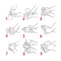 Hand Washing Instructions Black and White Icons. Palms and Fingers Cleaning Steps. Routine Individual Hygiene Procedure