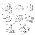 Hand washing instructions black and white illustrations set