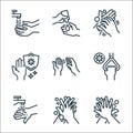 hand washing line icons. linear set. quality vector line set such as cleaning, cleaning, handwash, handle, alcohol gel, antivirus