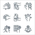 hand washing line icons. linear set. quality vector line set such as handshake, lift, tissue paper, hygienic, cleaning liquid, Royalty Free Stock Photo