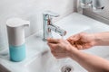 Hand washing with soapy water in the bathroom. A young guy washes his hands with soap. The fight against coronavirus Royalty Free Stock Photo