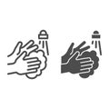 Hand washing under tap with water line and solid icon. Keep hands clean prevent coronavirus symbol outline style Royalty Free Stock Photo