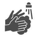 Hand washing under tap with water solid icon. Keep hands clean prevent coronavirus symbol glyph style pictogram on white Royalty Free Stock Photo