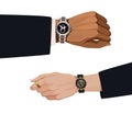 Hand with watch. Arm and wrist clock. Icon of hour and time. Male or female fist. Businessman's wristwatch