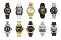 Hand watch. Digital or mechanical wristwatches. Clocks for man and women with gold bracelets and modern straps. Time