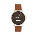Hand watch with round dial, arrows and leather bracelet. Wristwatch design. Analog quartz wrist watches. Arm clocks