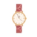 Hand watches with classic analog dial in retro style. Quartz wrist watch, clocks design with leather bracelet