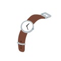 Hand watches with round clock face and leather straps. Wristwatches with circle dial in classic retro style. Wrist