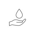 Hand water drop dermatology vector icon logo. Water drop on hand dermatologist clean test concept.