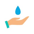 Hand and water drop icon. Save clean water symbol