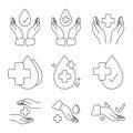 Hand with water drop and medical cross. Medically approved labels. Clinically or dermatologically tested insignia stamp.