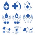 Hand with water drop and medical cross. Medically approved labels. Clinically tested insignia stamp. Antibacterial icons. Skin