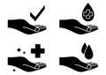 Hand with water drop and medical cross. Wash hands symbol. Antibacterial icons. Skin care sign. Icon set of disease prevention.