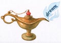 Hand watercolor illustration of magical Aladdin's genie lamp. Royalty Free Stock Photo