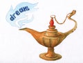 Hand watercolor illustration of magical Aladdin's genie lamp. Royalty Free Stock Photo