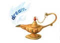 Hand watercolor illustration of magical Aladdin's genie lamp. Royalty Free Stock Photo