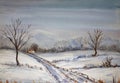 Hand watercolor painting of winter landscape with trees, mountain, path and small house Royalty Free Stock Photo