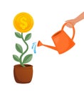 Hand with watering can. Hand businessman watering plant money on white background. Business investment growth concept Royalty Free Stock Photo