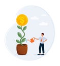 Hand with watering can. Hand businessman watering plant money on white background. Business investment growth concept