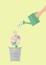 Hand watering flower in pot Royalty Free Stock Photo