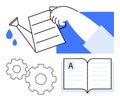 Hand Watering Gears and Open Book, Symbolizing Growth and Knowledge Development