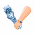 Hand wear lgbt bracelet holds and handshake with cyborg hand. robot and human peaceful symbol cartoon illustration vector Royalty Free Stock Photo