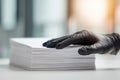 Hand wearing black protective gloves gently resting on a thick stack of white paper sheets in a brightly lit modern workspace Royalty Free Stock Photo