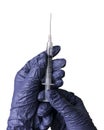 A hand wearing a blue glove holding a syringe isolated on a white background Royalty Free Stock Photo