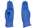 Hand wearing blue nitrile examination glove, Gesture indicating the number three Royalty Free Stock Photo