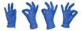 Hand wearing blue nitrile examination glove makes pinch gesture, with fingers fanned