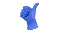 Hand wearing blue nitrile examination glove makes a thumbs up gesture