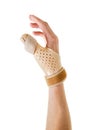 Hand Wearing Brace Over Thumb in White Studio