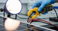 Team conducts panel test with clamp meter and test lamp to evaluate solar cell performance in laboratory setting Royalty Free Stock Photo