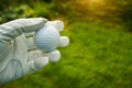 Hand-wearing golf glove holding a white golf ball on green background Large copy-space for title and text Royalty Free Stock Photo