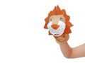 Hand wearing Lion puppets isolated on white background, Lion head