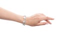 Hand wearing silver jewelry bracelet isolated on white background Royalty Free Stock Photo