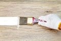 Hand wearing white glove holding old grunge paintbrush and painting on wooden wall Royalty Free Stock Photo