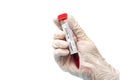 A hand wearing a white latex glove and holding a coronavirus test kit. Pandemic infectious concept Royalty Free Stock Photo