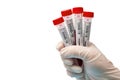 A hand wearing a white latex glove and holding a coronavirus test kit. Pandemic infectious concept Royalty Free Stock Photo