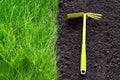 Hand weeding grass with garden tools. Clear field Royalty Free Stock Photo
