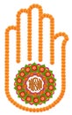 The hand with a wheel on the palm symbolizes Ahimsa in Jainism Indian religion isolated floral